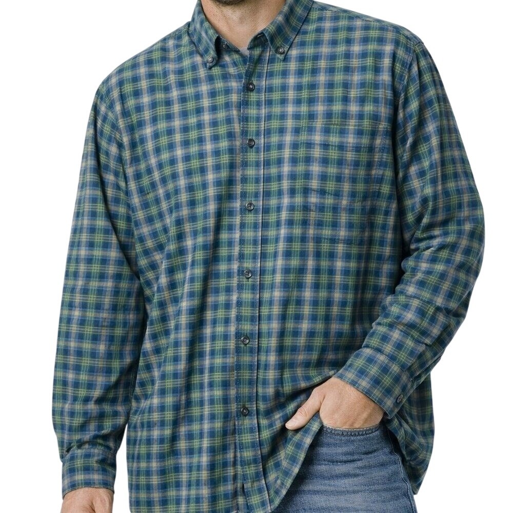 Duluth‎ Trading Co Plaid Button Down Mens XL Blue Green Long Sleeve Cotton Blend